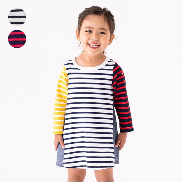 ボーダー切替長袖ワンピース