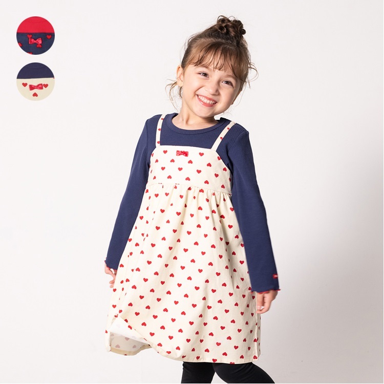 *ハート柄キャミ重ね着風長袖ワンピース