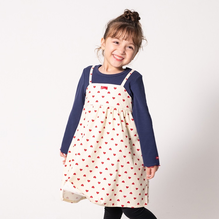*ハート柄キャミ重ね着風長袖ワンピース(ネイビー-140cm)