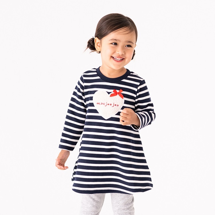 ボーダーボアハートアップリケ裏毛ワンピース(ネイビー-130cm)