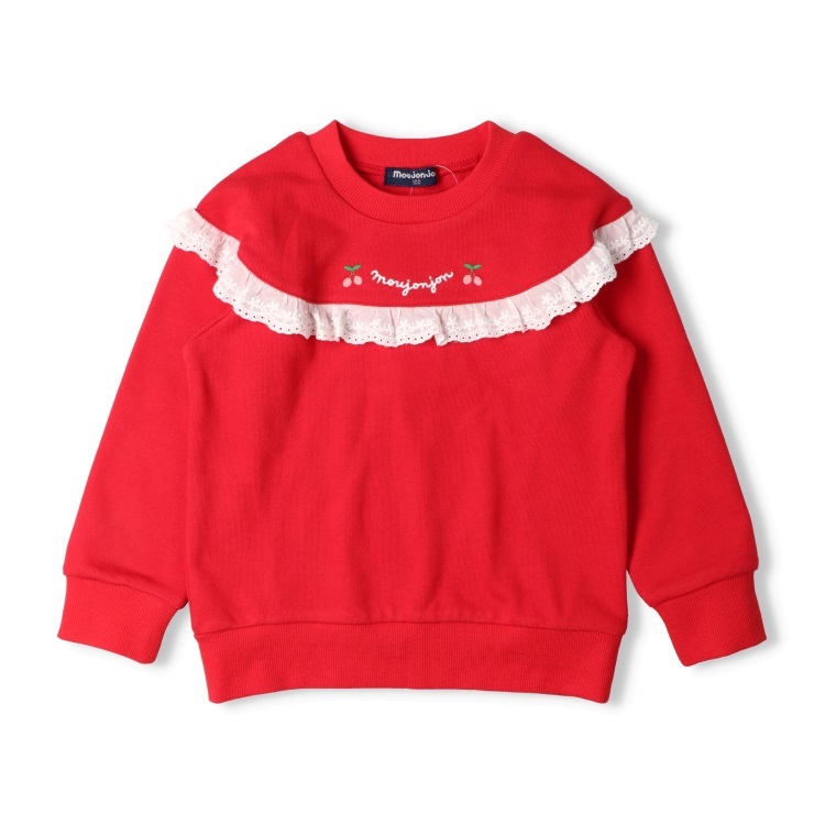 さくらんぼ刺繍レース付裏毛トレーナー(レッド-90cm)