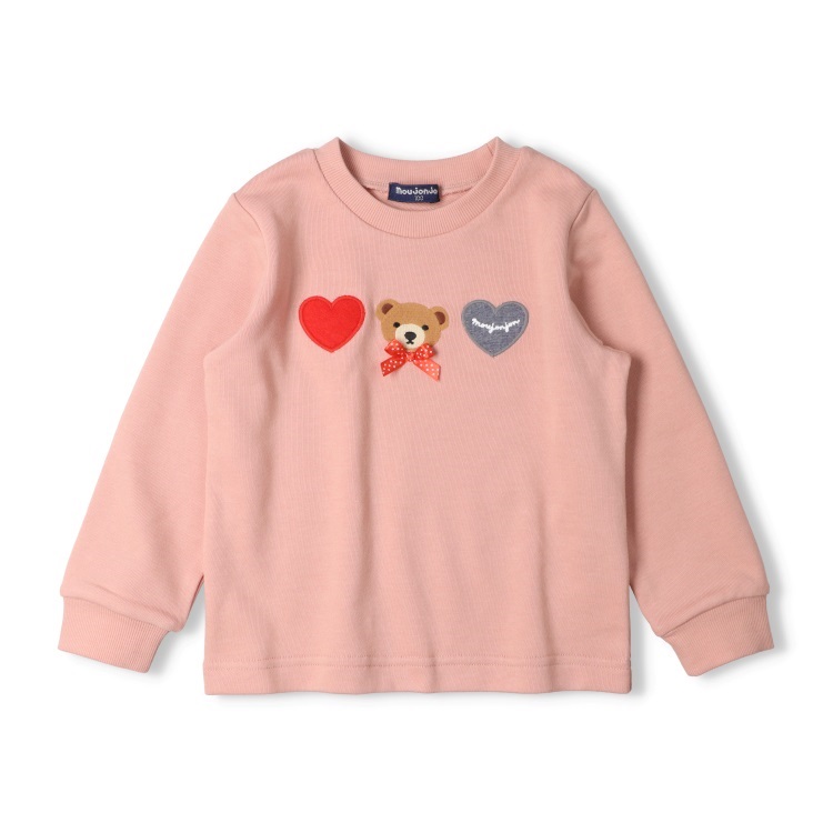 ハートアップリケくま刺繍裏毛トレーナー(ピンク-100cm)