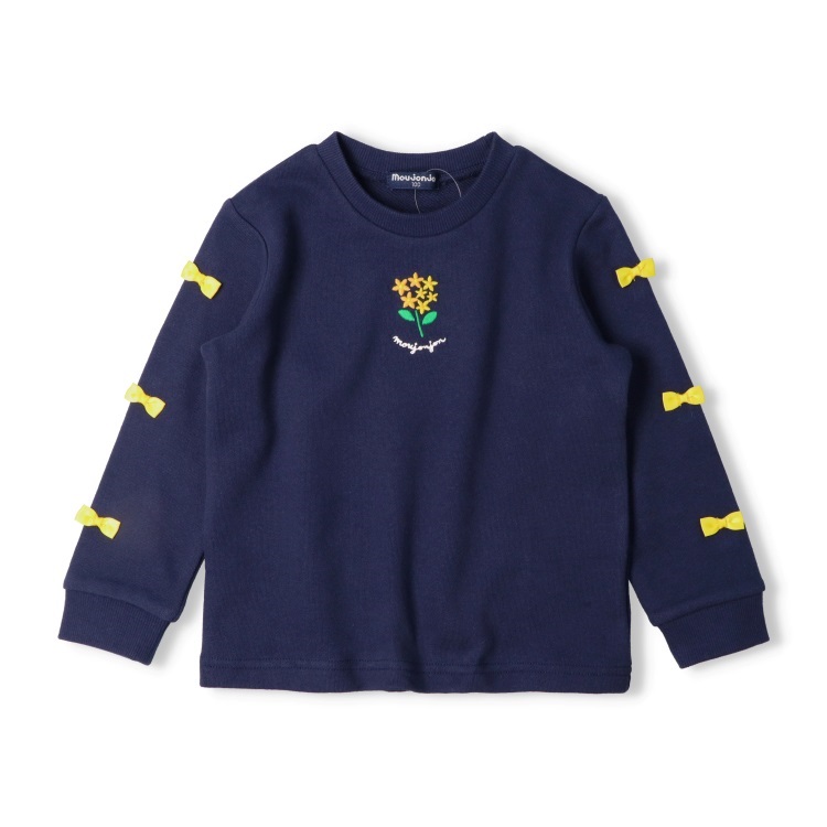 お花刺繍リボン付き裏毛トレーナー(ネイビー-120cm)