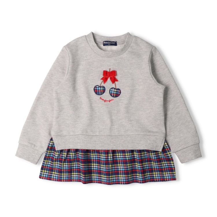 さくらんぼチェック切替裏毛トレーナー(グレー-100cm)