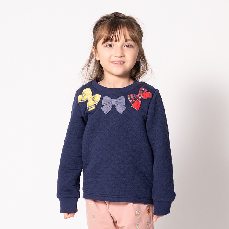 リボン付きニットキルトトレーナー(ネイビー-120cm)