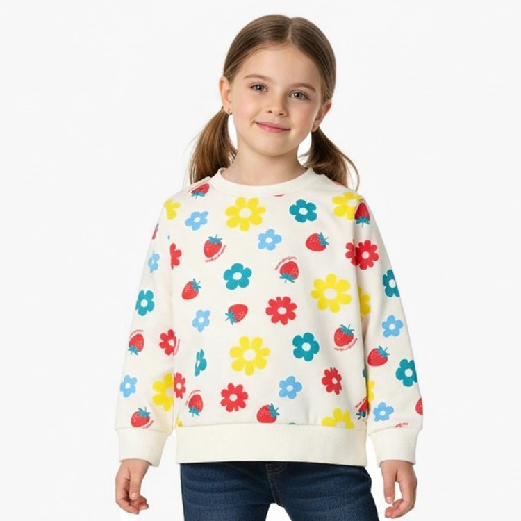 お花イチゴ総柄裏毛トレーナー(ホワイト-120cm)