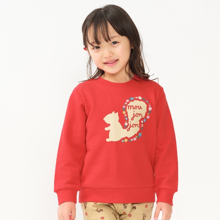 リスプリントお花刺繍裏毛トレーナー(レッド-100cm)