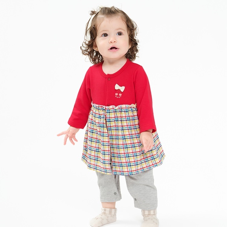 チェックスカート裏毛ロンパース(レッド-80cm)