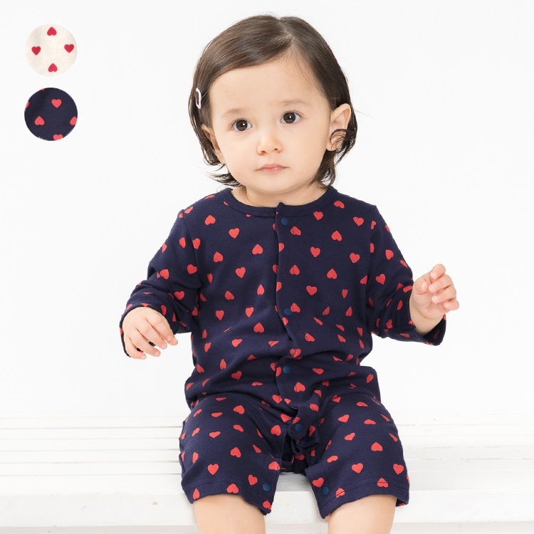 ハート総柄前開き長袖ロンパース カバーオール｜子供服