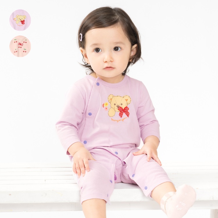 くま・さくらんぼプリント前開き長袖ロンパース