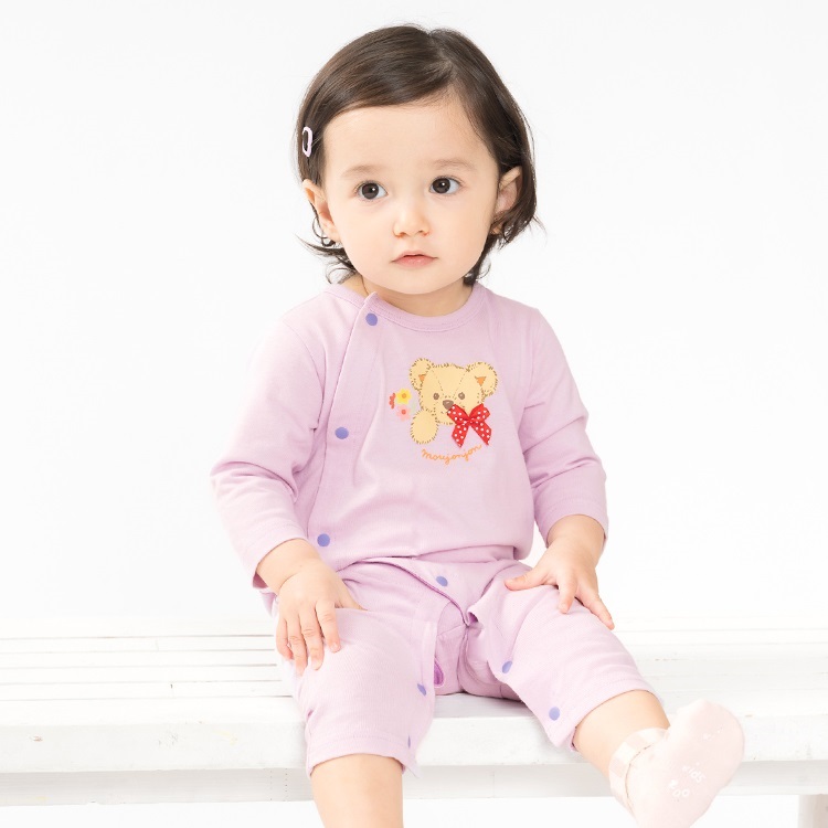 くま・さくらんぼプリント前開き長袖ロンパース(ラベンダー-80cm)