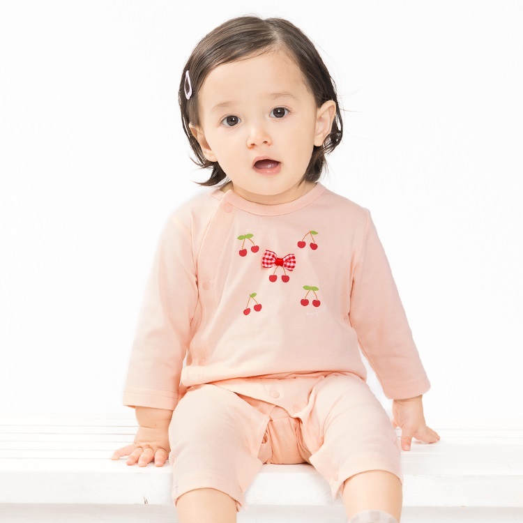 くま・さくらんぼプリント前開き長袖ロンパース(ピンク-80cm)