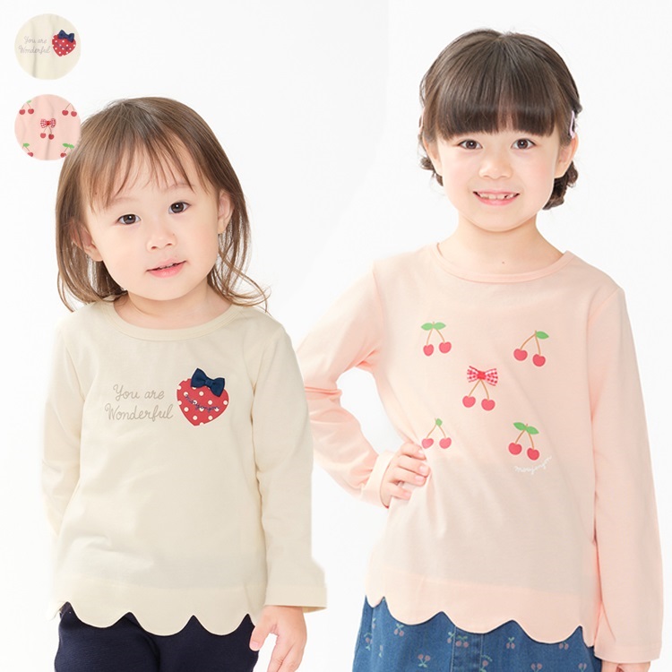 ハート・チェリープリント裾スカラップ長袖Tシャツ