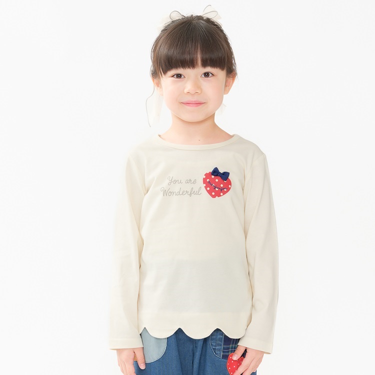 ハート・チェリープリント裾スカラップ長袖Tシャツ(オフホワイト-120cm)