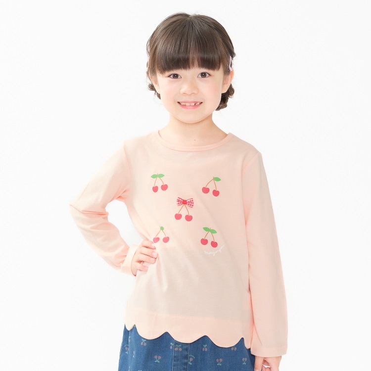 ハート・チェリープリント裾スカラップ長袖Tシャツ(ピンク-120cm)