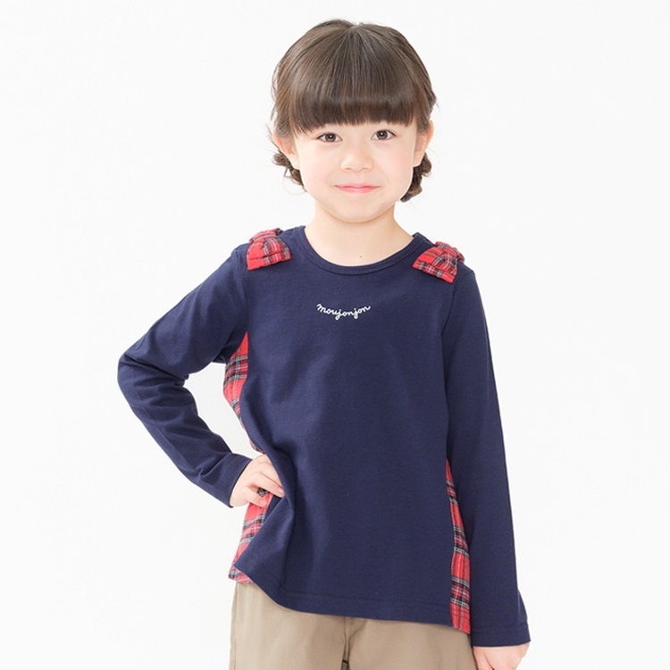 チェック切替長袖Tシャツ(ネイビー-80cm)