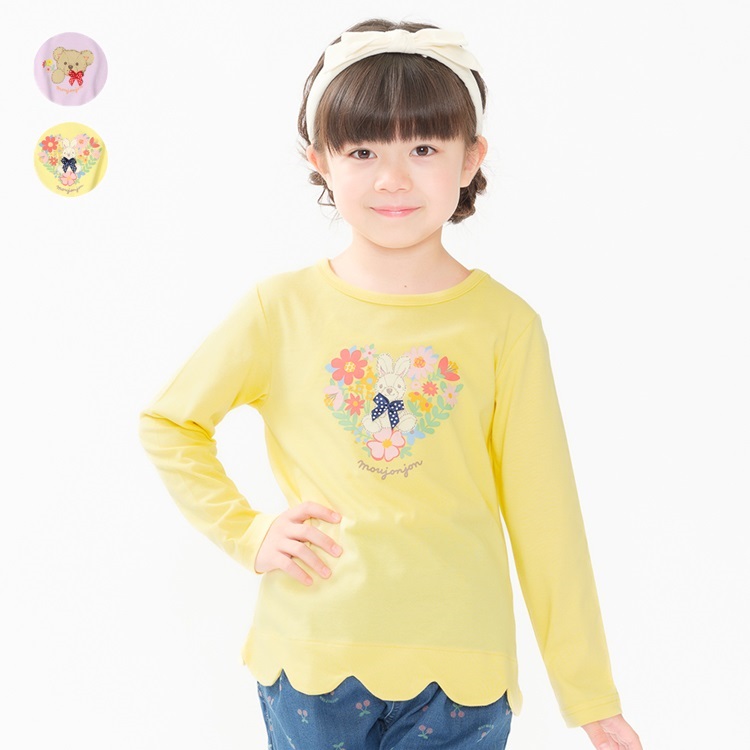 くま・うさぎプリント裾スカラップ長袖Tシャツ