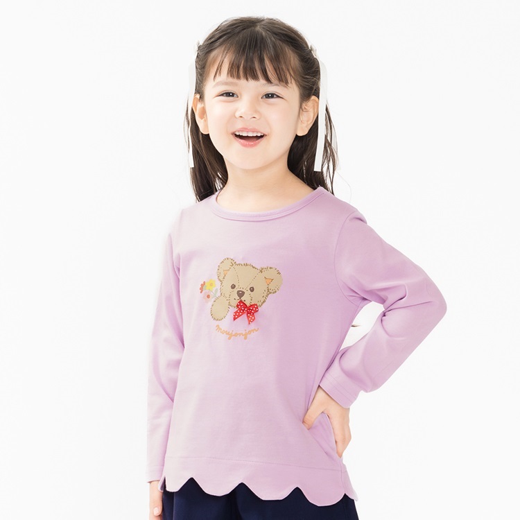 くま・うさぎプリント裾スカラップ長袖Tシャツ(ラベンダー-80cm)