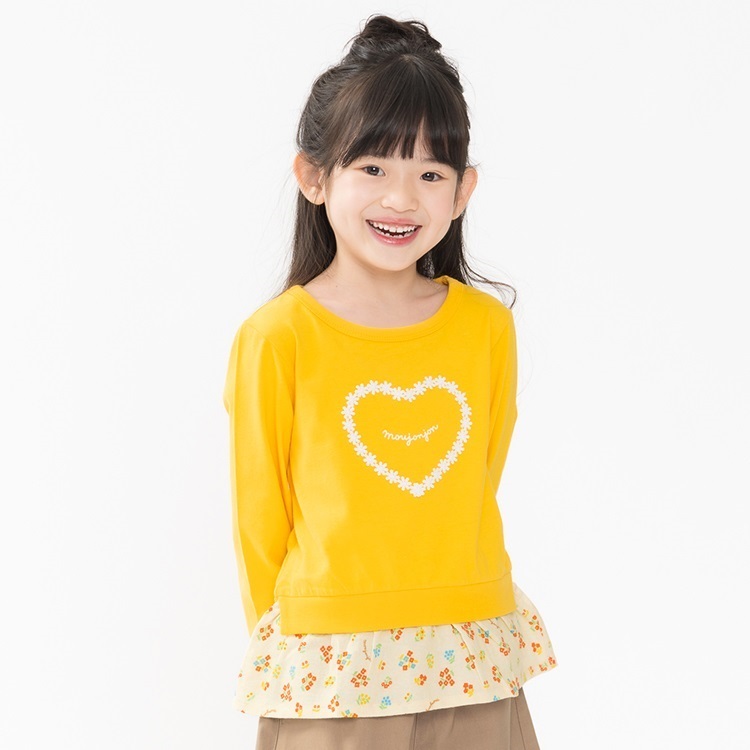 レースハート裾小花柄切替長袖Tシャツ(イエロー-80cm)