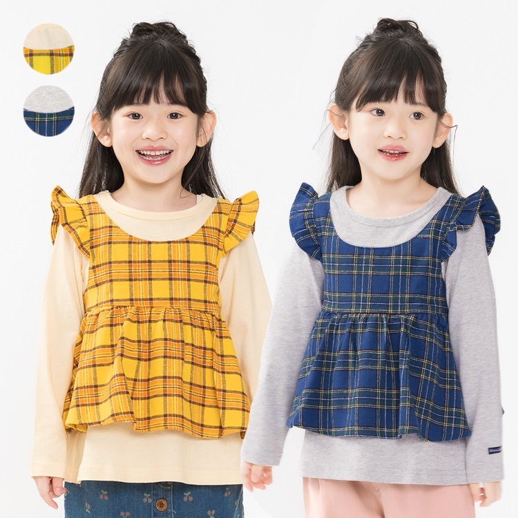 チェックチュニック重ね着風長袖Tシャツ