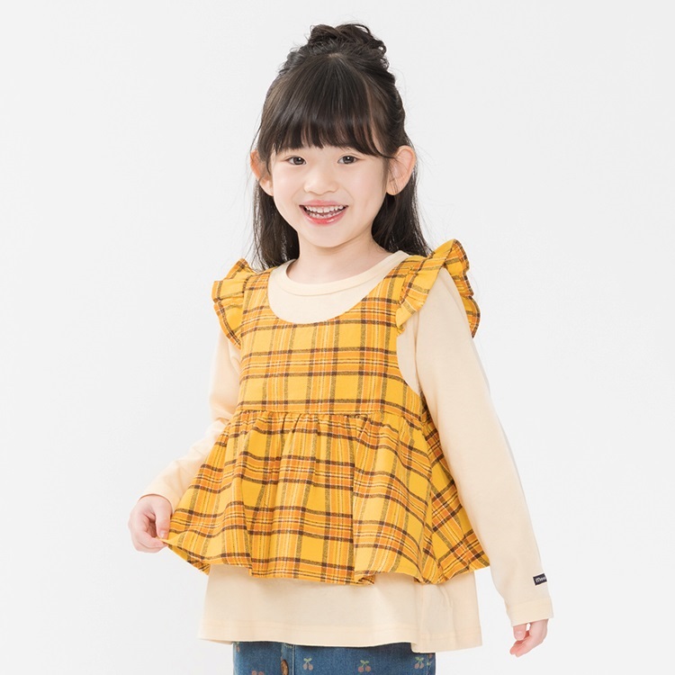 チェックチュニック重ね着風長袖Tシャツ(オフホワイト-80cm)