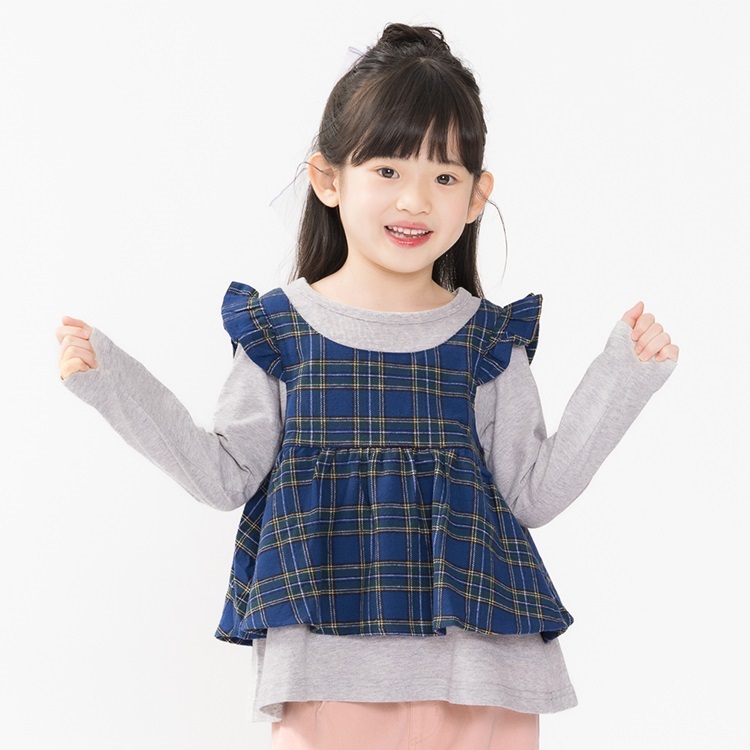 チェックチュニック重ね着風長袖Tシャツ(グレー-80cm)