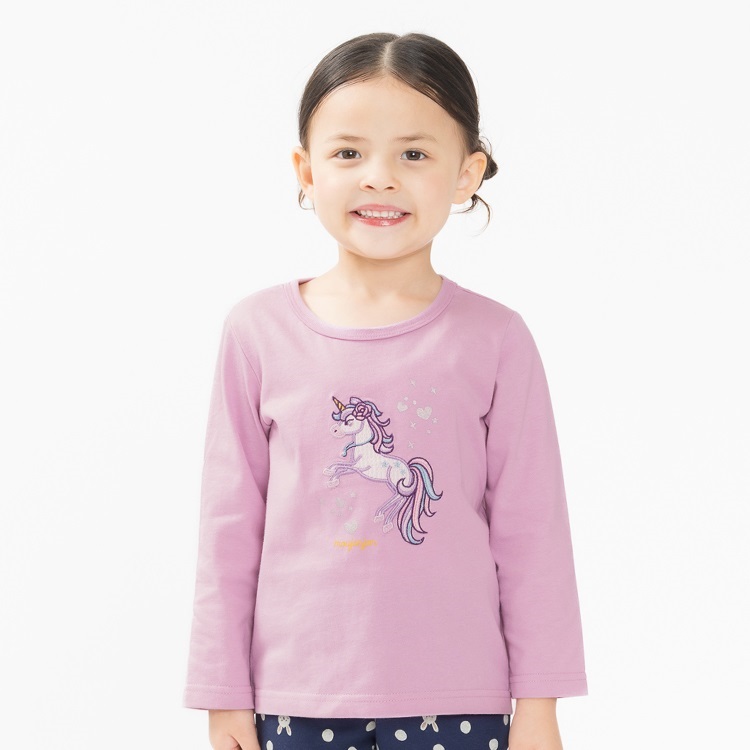 ユニコーンアップリケ長袖Tシャツ(ラベンダー-80cm)