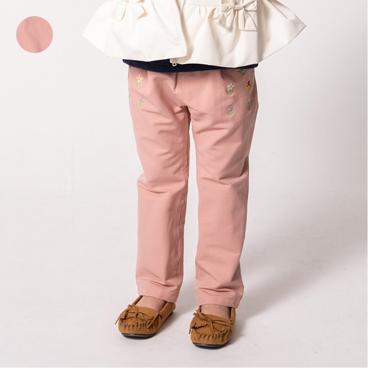 *お花刺繍裏起毛ツイルロングパンツ