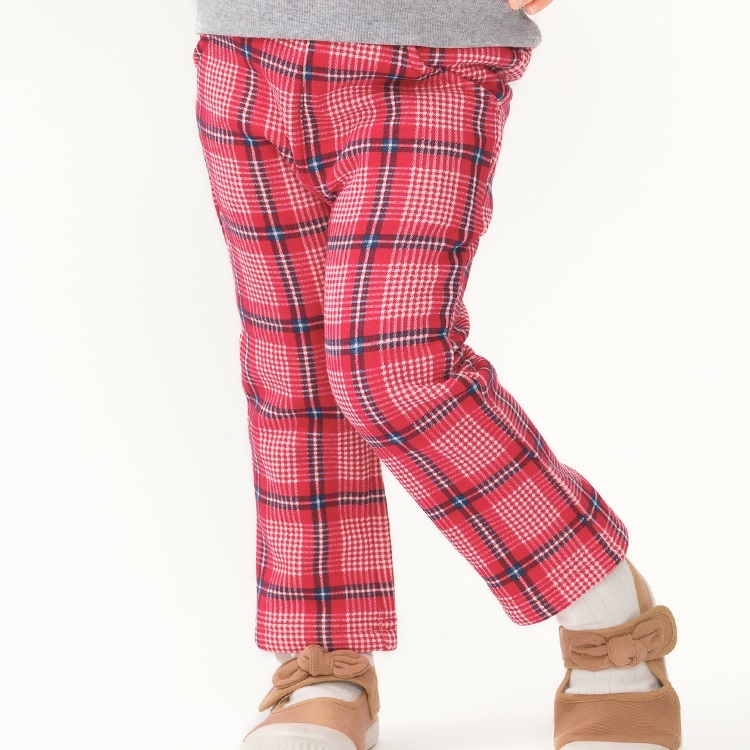 【爆温】ドット・チェック柄裏起毛ロングパンツ(レッド-100cm)