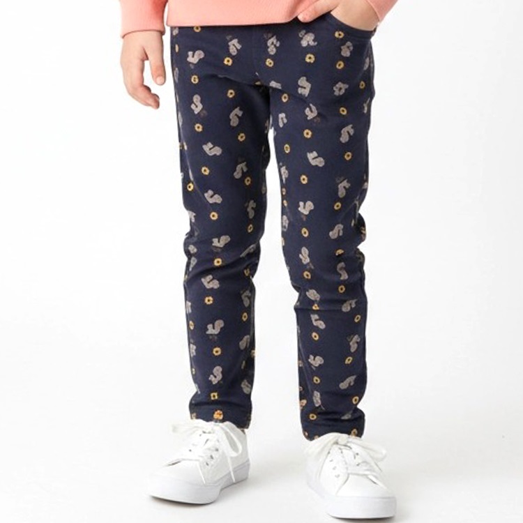 【爆温】お花リス総柄裏起毛ロングパンツ(ネイビー-100cm)