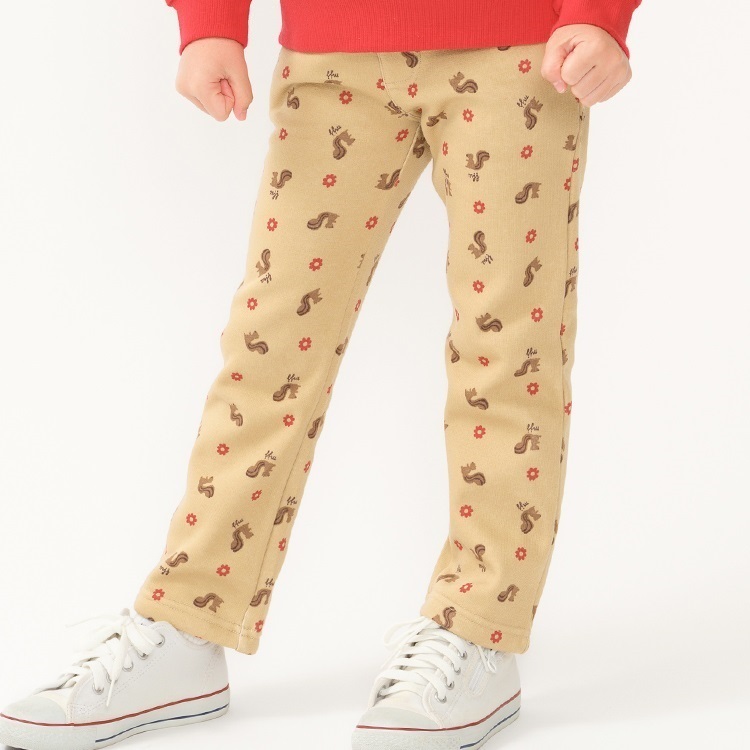 【爆温】お花リス総柄裏起毛ロングパンツ(ベージュ-110cm)