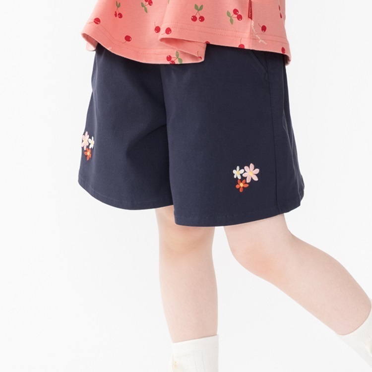 ツイル刺繍3分丈キュロットパンツ(ネイビー-90cm)