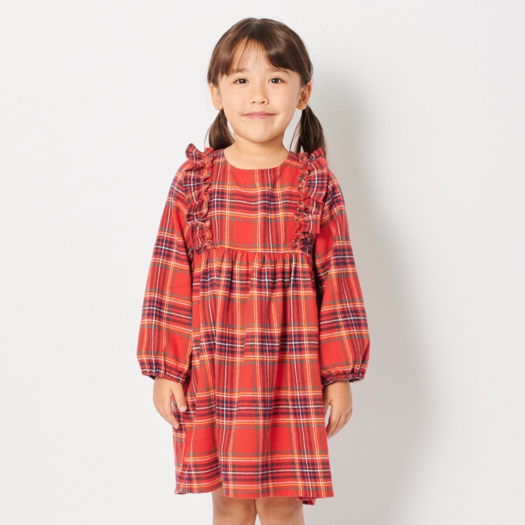 *タータンチェック柄ネル長袖ワンピース(レッド-90cm)