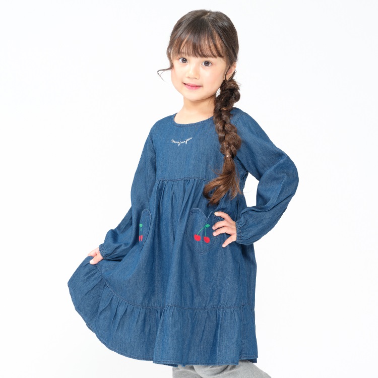 さくらんぼ刺繍デニム長袖ワンピース ワンピース｜子供服・ベビー服の
