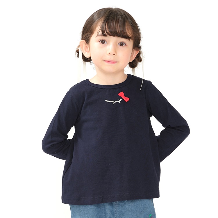 チェック後ろ切替長袖Tシャツ(ネイビー-80cm)