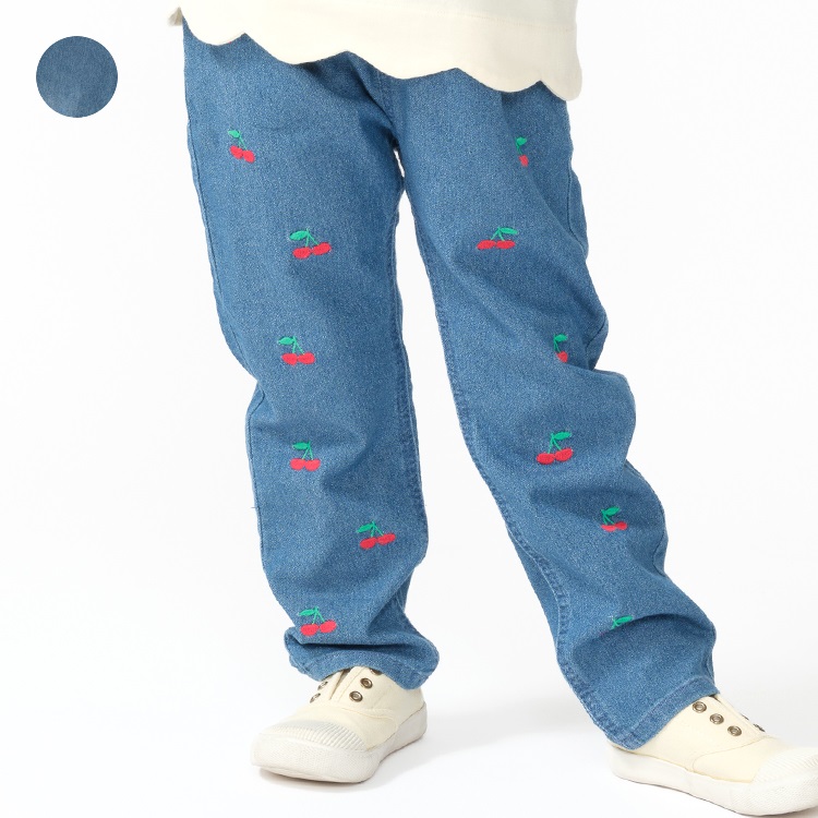 さくらんぼ刺繍デニムロングパンツ