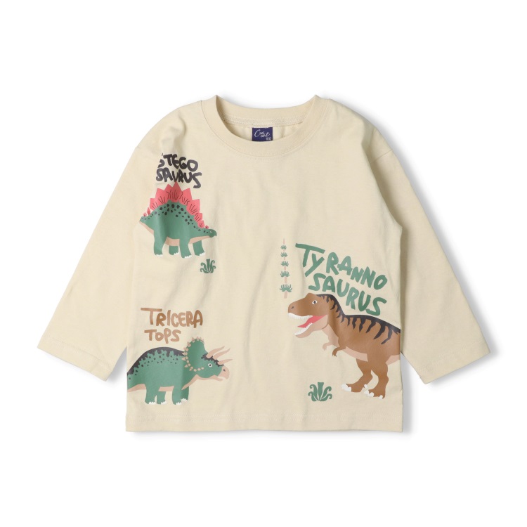 *恐竜プリント長袖Tシャツ(ベージュ-110cm)