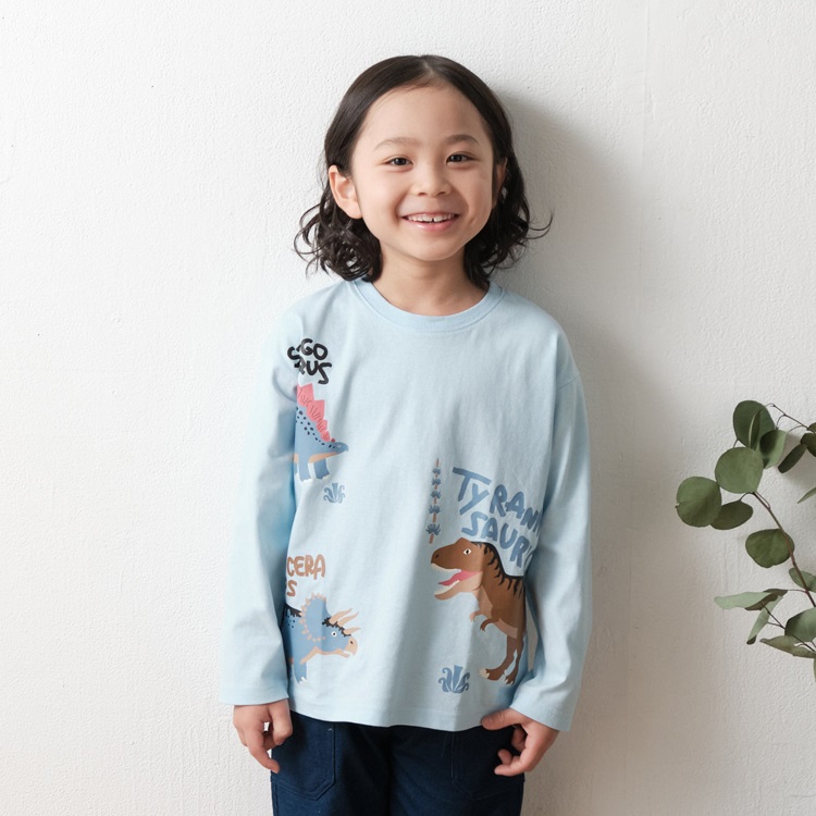 *恐竜プリント長袖Tシャツ(ライトブルー-90cm)
