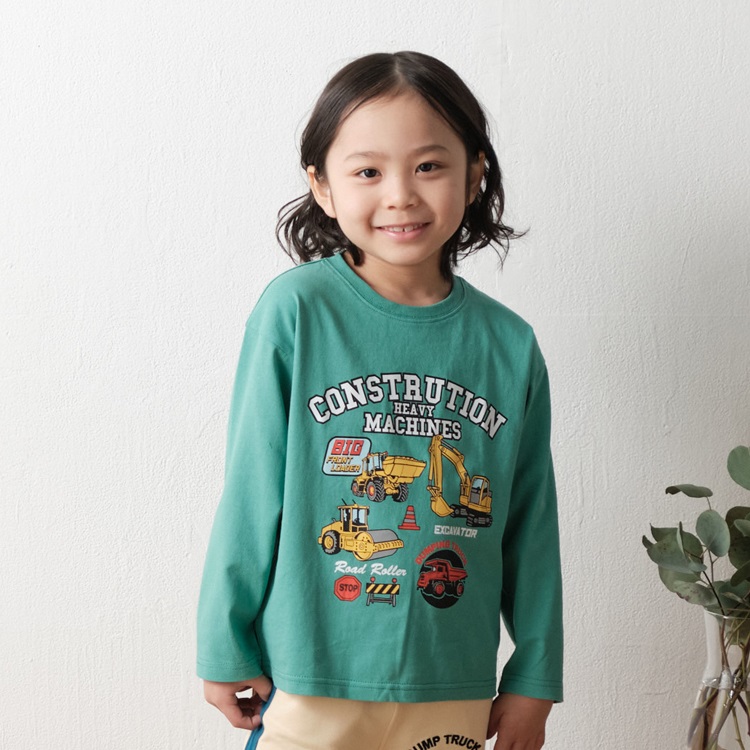 *働く車プリント長袖Tシャツ(グリーン-110cm)