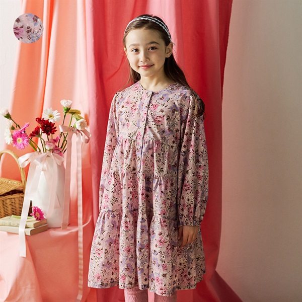 花柄ティアード前開き長袖シャツワンピース ワンピース｜子供服