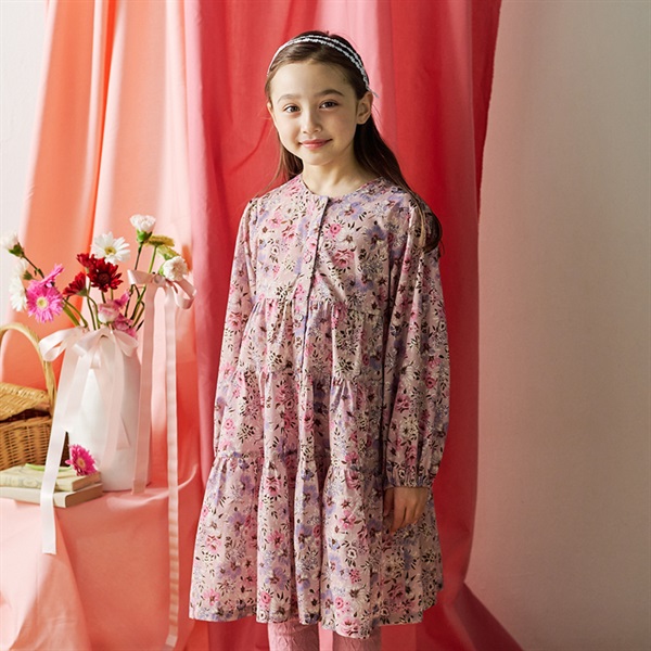 花柄ティアード前開き長袖シャツワンピース ワンピース｜子供服