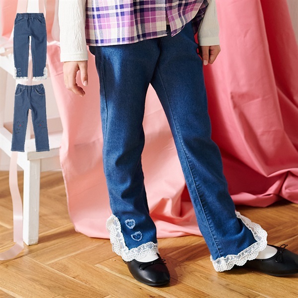 裾レース・ネコ刺繍デニムロングパンツ デニム｜子供服・ベビー服の