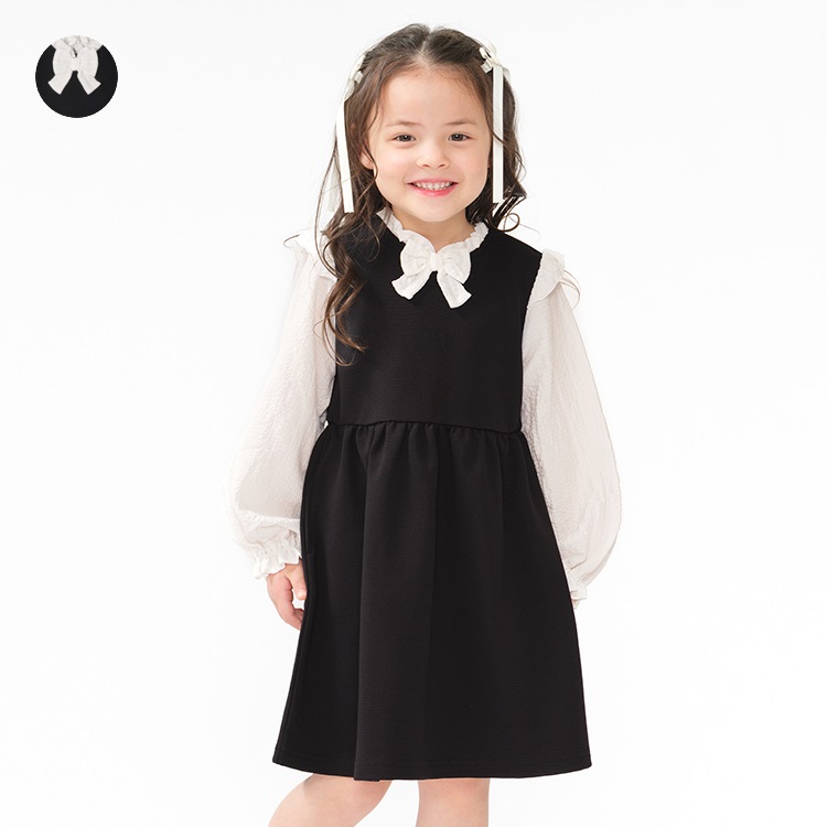 リボン付き重ね着風長袖ワンピース