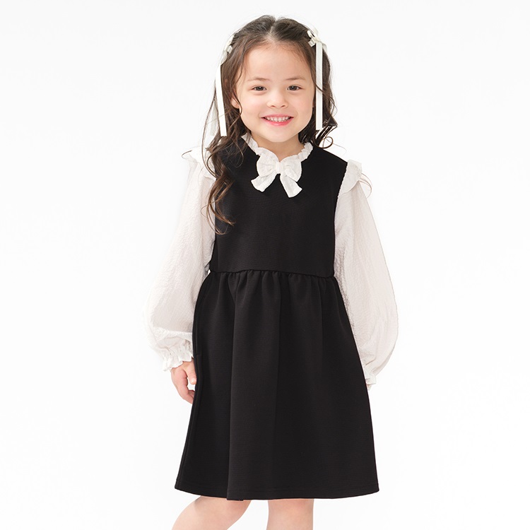 *リボン付き重ね着風長袖ワンピース(ブラック-140cm)