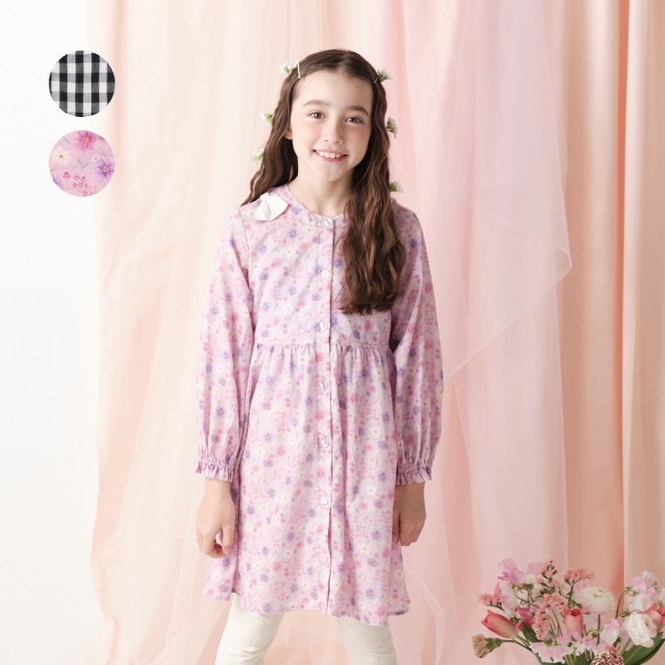 *チェック・小花柄前開き長袖ワンピース