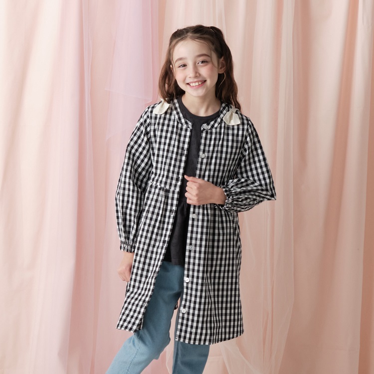 *チェック・小花柄前開き長袖ワンピース(ブラック-80cm)