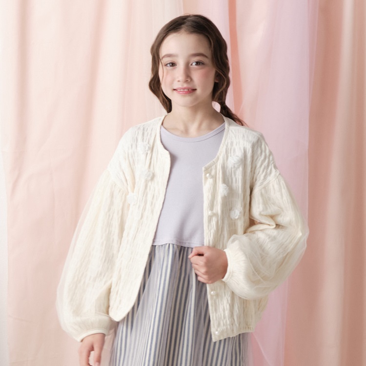 *袖チュール長袖カーディガン(オフホワイト-140cm)