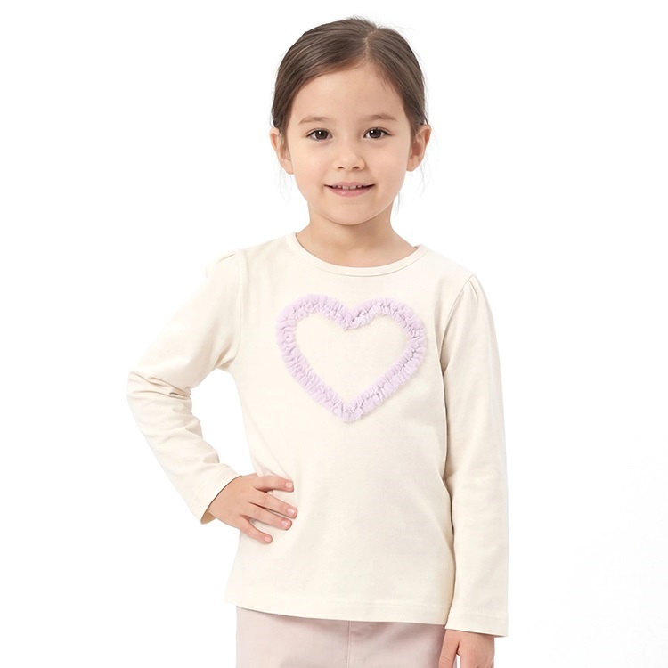 *【WEB限定】ハートチュール長袖Tシャツ(ベージュ-120cm)