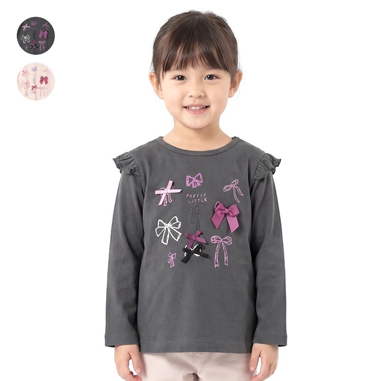 *【WEB限定】リボン付プリント肩フリル長袖Tシャツ