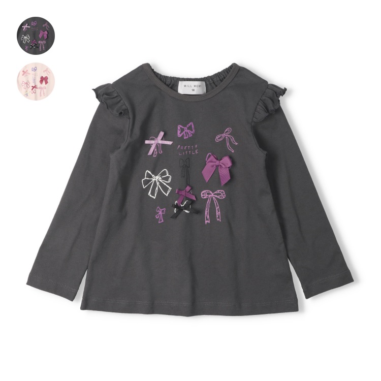 【WEB限定】リボン付プリント肩フリル長袖Tシャツ